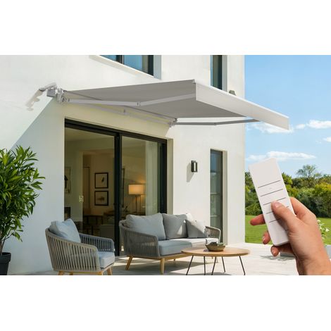 Store banne motorisé semi-coffre structure blanche FAZZIO 3m x 2,5m toile beige (1/4)