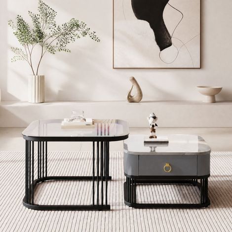 Table basse gigogne 2 pièces avec tiroirs, plateau verre et effet marbre, noir et gris DESVIAE (1/5)