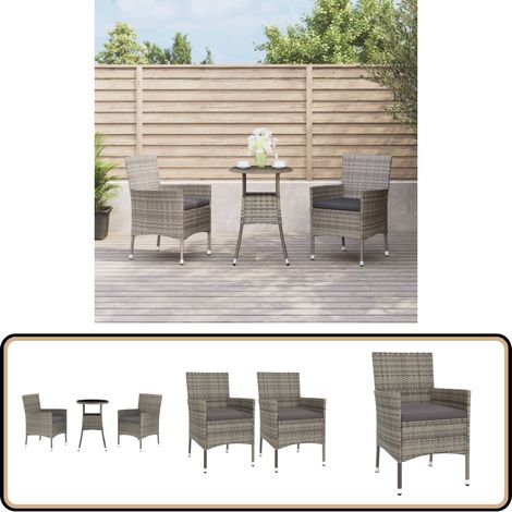 3-tlg. Garten-Bistro-Set mit Kissen Grau Poly Rattan - Gartensitzgruppe - Outdoor Möbel - Bistrotisch - Gartenmöbel Set - Polyrattan