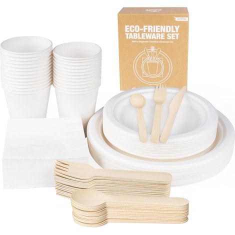 Lot de 200 assiettes et couverts compostables écologiquement jetables en carton et couverts,Ensemble de fête et de pique-nique,Avec assiette, cuillère, fourchette, couteau, gobelet, lingettes, nappes (1/5)