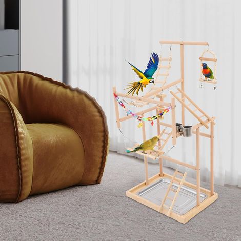 Aire de jeux en bois pour oiseaux avec tasse de mangeoire, échelle, balançoire et plateau, jouet pour perruches, support pour oiseaux, gym pour perruche ondulée (1/5)