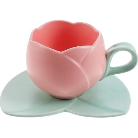Taza de cerámica rosa con forma de tulipán de 12,5 cm con platillo y cuchara, taza de café/té para mujer - Regalo (1/4)