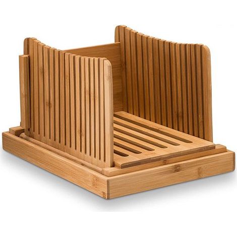 Strumento naturale per affettare il pane: tagliere regolabile in bambù con vassoio raccoglibriciole. (1/4)