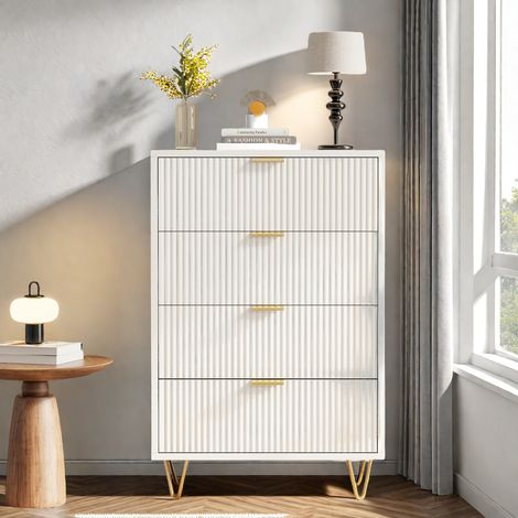 Commode à 4 Tiroirs, 60x34x91, avec Grand Espace de Rangement, Armoire avec Plafond Spacieux, Manches et Pieds en Couleur Dorée, Motif de Ligne, Pour Salon, Chambre à Coucher, Blanc (1/5)