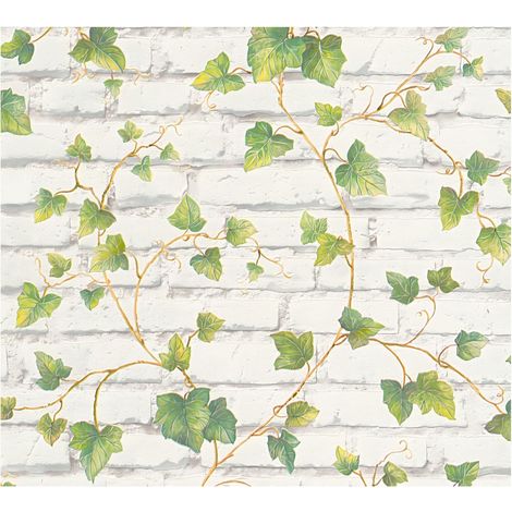 Stone tile wallpaper wall Profhome 319421 non-woven wallpaper smooth with floral ornaments matt green white 5.33 m2 (57 ft2) (1/5)