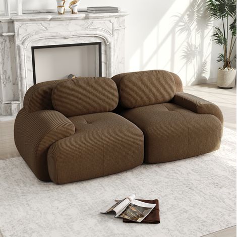 MODFU – Divano angolare modulare 208x103 cm in velluto a coste marrone senza telaio e braccioli curvi – Marrone (1/5)