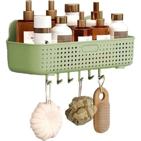 Duschablage, Duschablage aus Kunststoff, Wandmontierter Duschorganizer mit 6 Haken, Duschkorb (1/4)