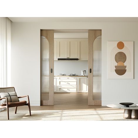Porte coulissante double avec système à galandage en bois et MDF - arche naturel clair et verre trempé cannelé - 2 x H205 x L83 cm - ODEZA (1/2)
