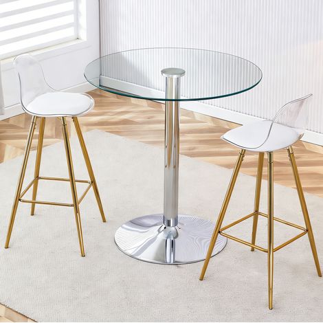 Conjunto Mesa de Bar y 2 Taburetes de Bar, Mesa Redonda de Vidrio, Respaldo Transparente, en Metal, Oro (1/5)