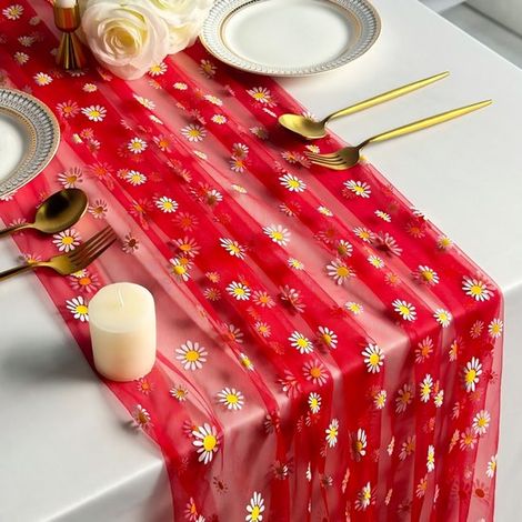 Camino de mesa,75 x 300 cm,Malla transparente y tul,Estampado floral (margaritas),Ideal para bodas y banquetes,Adecuado para reuniones familiares (1/5)