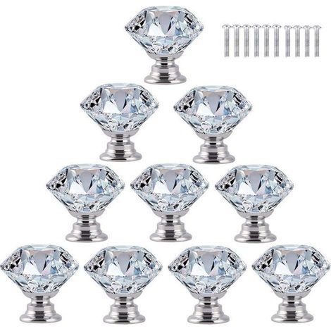 HONORNIC - 10 pcs Poignée Bouton de Porte Placard Meuble Tiroir Armoire, 30mm Diamant de Verre Cristal avec Vis - Transparent (1/5)