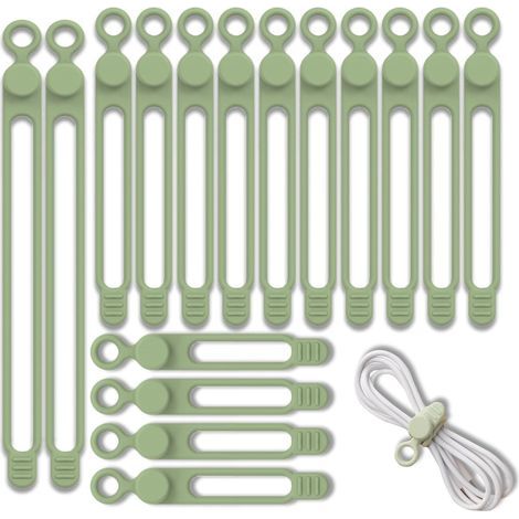 16 attaches de câble réutilisables en silicone, organisateur de câbles, attaches de câble réglables, légères et écologiques, pour câbles de charge, écouteurs, lignes de données (2 x 180 mm + 10 x 106 (1/5)