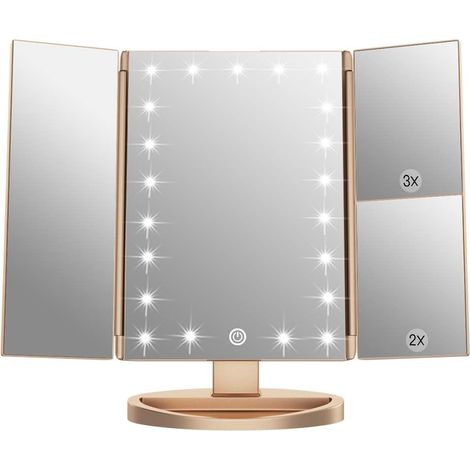 MINKUROW Espejo De Maquillaje, 1x/2x/3x Espejo De Maquillaje Triple Con 21 Luces Led Y Pantalla Táctil Espejo Ajustable Espejos Cosméticos Para Encimera (Oro) (1/4)