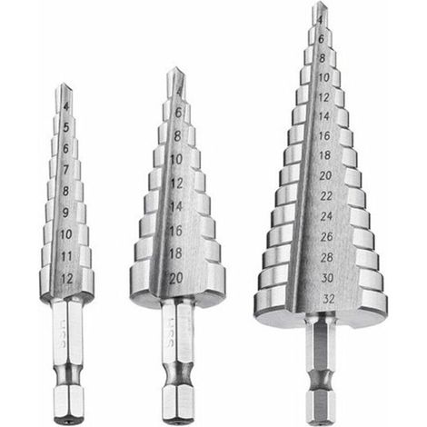Green Mobility-Foret Etagé, Foret Fraise Metal 4PCS 4-12/20/32mm Meche Etage Perceuse Acier Fraise Forage Conique Triangle avec Revêtement Titane Visseuse Percage pour Acier/Bois/Laiton/Plastique/PVC (1/5)