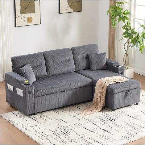 Divano letto 3 posti 212,5/136/86 cm grigio carbone in velluto a coste con chaise longue e USB-C (1/5)