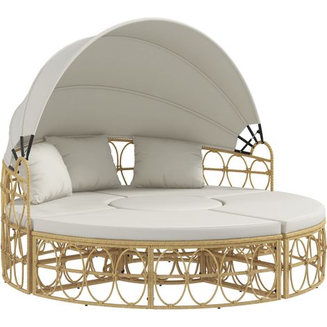Ensemble mobilier extérieur 4 pièces avec canapé 2 places à dais pliant et table basse crème en résine tressée (1/5)