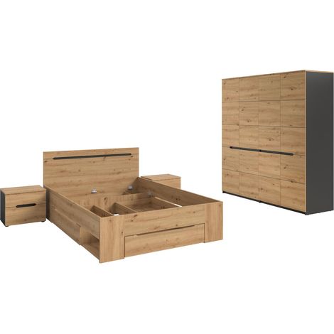 Canu Schlafzimmer-Set Bett 140x200 cm mit Stauraum, 2 Nachttische, 1 Schrank grau, Eiche Dekor.
