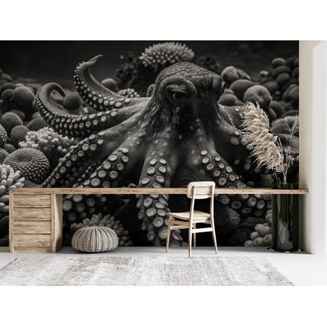 Papier peint animaux poulpe geant en noir et blanc sous leau - 300 x 250 cm (1/2)