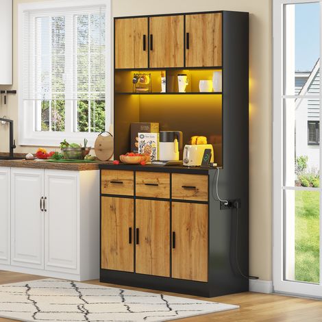 Buffet de cuisine MDF noir et naturel 100 x 40 x 180 cm, 6 portes, 3 tiroirs, LED avec contrôle APP et prises USB (1/5)