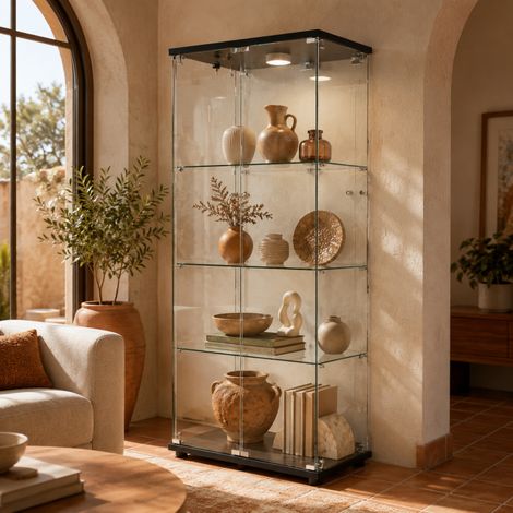 Vitrine vitrée, Vitrine Exposition avec serrure, Vitrine de Collection 2 porte, Armoire vitrée avec LED réglable et 3 étagères , Étagère de Présentation, Protection anti-basculement, Noir (1/5)