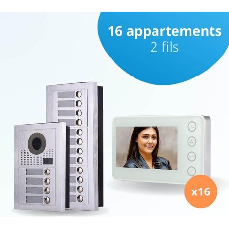 Portier interphone vidéo MODERN 2 Fils - 16 appartements - 16 écrans blancs