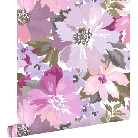 papier peint fleurs lilas violet et vert olive grisé - ESTAhome (1/5)