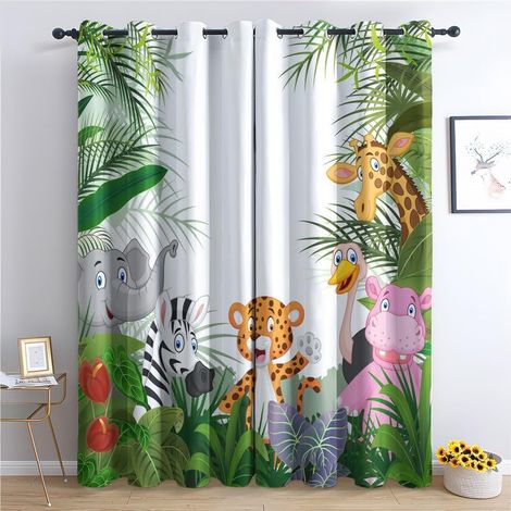 Rideau Occultant Jungle Dessin Animé Éléphant Tigre, Rideaux Thermiques à Oeillets pour Salon Chambre Fenetre, Motif Enfant Rideaux Lot De 2 Moderne Décoration De Fenêtre, 140x160 cm (L x H) - 140L X (1/5)