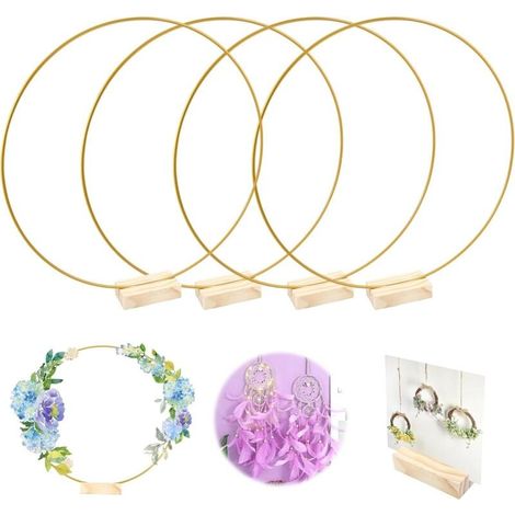4 Pièces 30cm Centre de Table en Métal Avec Cerceaux Floraux Avec 4 Supports en Bois, Cercle Decoration Mariage Metal Couronnes, Doré Couronne Florale,Pour Decoration Mariage,Centre de Table,Déco Noel (1/4)