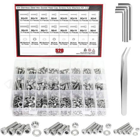 520PCS Kit Assortiment Vis Boulons Vis à Tête Cylindrique à Six Pans Creux Jeu de en Acier Inoxydable 304 avec écrous Rondelles (1/5)