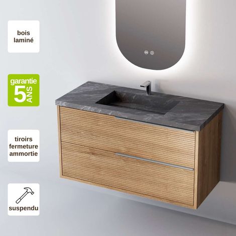Meuble de salle de bain plan vasque Grès Cérame Noir Allure, 2 Tiroirs Chêne Naturel, Poignée Inox Satiné, l80xh54xp45, Effet 3D, LISTELLO (1/3)