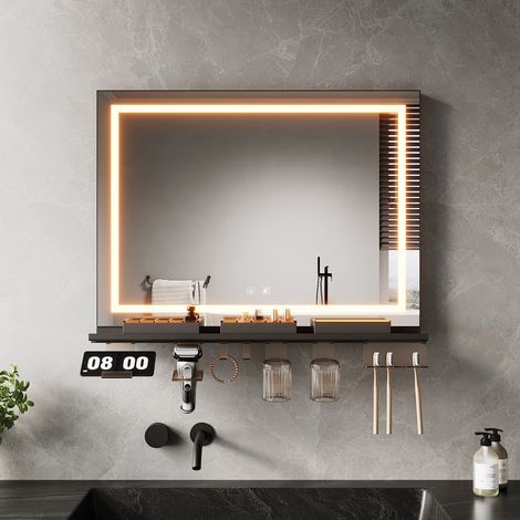 SIRHONA Anti-Fog Mirror lumineux de salle de bain with avec support de rangement noir, réglable en 3 couleurs, 80x60cm