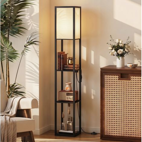 Lampadaire LED avec étagères, dimmable, interrupteur à chaîne, prises USB et secteur, noir DESVIAE (1/5)