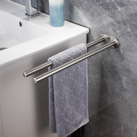 Toallero de acero inoxidable, apto para baños y cocinas, toallero de pared, doble barra para toallas, color plata. (1/5)