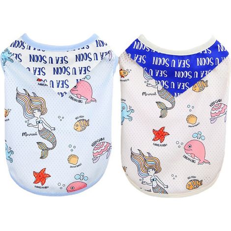 2 T-shirt pour chien et chat, sans manches, polyester respirant, bleu et beige, tailles S à XL (1/5)