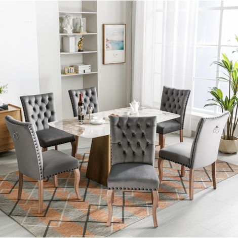 Set da 6 sedie da pranzo moderne in velluto grigio con schienale a battente, borchie color rame, gambe in legno e piedini regolabili, eleganti e confortevoli CHICFURN (1/5)