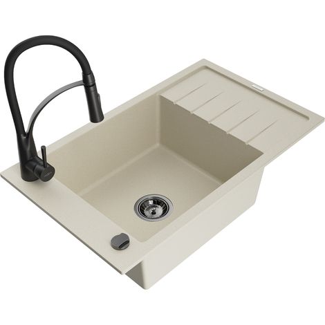 Mexen Elias évier en granit 1 bac avec égouttoir et robinet de cuisine Aster, beige - 6511-69-73450-70-B (1/5)