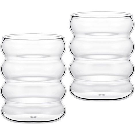 Set mit 2 wellenförmigen Trinkgläsern im Vintage-Stil, gerippte Gläser, für Wasser, Kaffee, Getränke, Wein, Cocktails, Whisky, Bier (1/5)