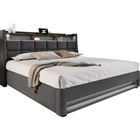 Lit Coffre Lit Double USB et LED 180×200 cm, sans Matelas, Tissu Aspect Lin Gris (1/4)