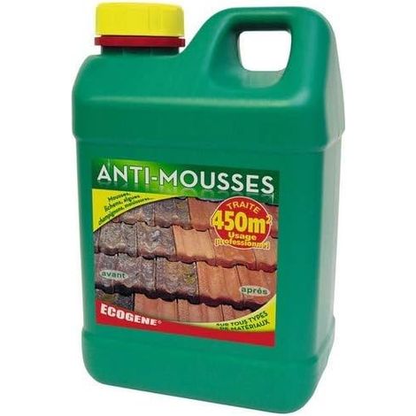 Antimousse pour toit, mur et sol – Traite 450m² – 2L – Élimine algues et lichens – Pour chantiers humides