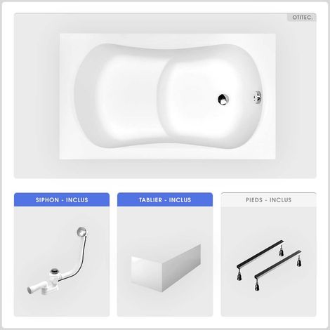Baignoire rectangulaire - 120 x 70 cm - avec Tablier Blanc - Pieds - Poignées - Vidage Chrome - ARIA REHAB (1/5)