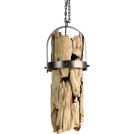 Suspension artisanale bois et fer esprit nature fait main - Bois naturel et fer noir mat