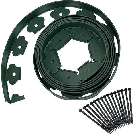 Tondeuse de jardin en plastique 10 m avec 30 piquets d'ancrage Tondeuse à gazon flexible Tondeuse à gazon avec piquets robustes Idée de jardin Largeur 5 cm, épaisseur 0,3 cm Vert (1/5)