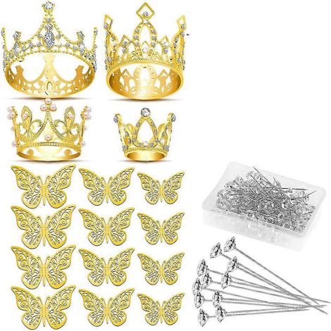Goldene Kränze für Blumensträuße, 4 kranzförmige Tortendekorationen, 12 Schmetterlingsdekorationen und 50 Blumenstecknadeln. (1/5)