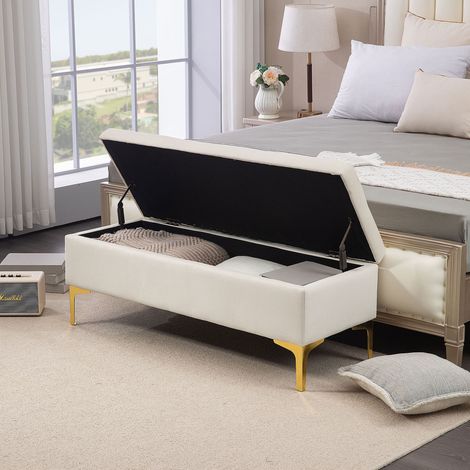 Panca contenitore imbottita in effetto velluto beige 120 x 44 x 44,5 cm con gambe in metallo (1/5)