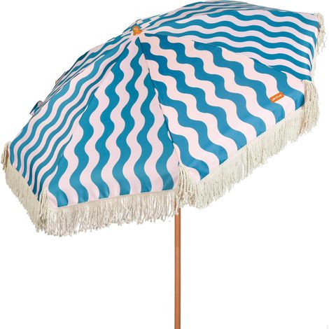 Parasol de plage, diamètre 200 cm, style rétro avec franges, 8 baleines, protection UV50, polyester, mât en acier effet bois 28/32 mm, housse de transport avec bandoulière incluse (1/5)