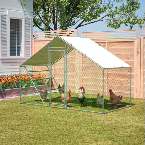 Corral para aves 3 x 1,5 x 2 m con escalera-percha, puerta con cierre, techo de PE, metal gris (1/5)