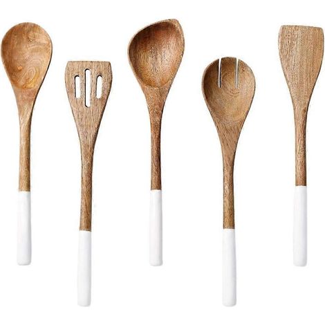 5-teiliges Küchenset aus Holz, bestehend aus Löffel, Pfannenwender, Gabel, Schaumlöffel und Winkellöffel – Weiß (1/5)