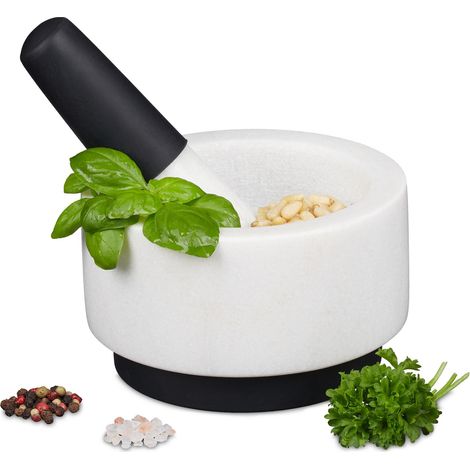 Relaxdays Mortar with Pestle, Spices, Herbs, Polished Stone Mortar, Ø 14 cm, Marble, White (1/5)