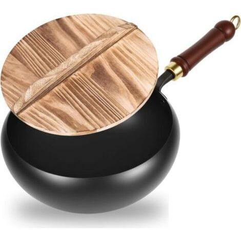 Poêle en fer forgé, 24 cm, poêle en fer forgé à la main, poêle à frire avec couvercle en bois, grande casserole ventrale, pour cuisinière à gaz et induction (1/5)