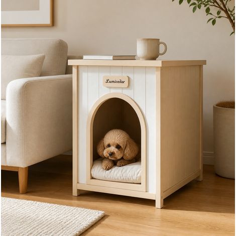 Holz-Hundehütte mit Beistelltisch, 53 x 51,6 x 60 cm, weiß OKMYHOME (1/5)